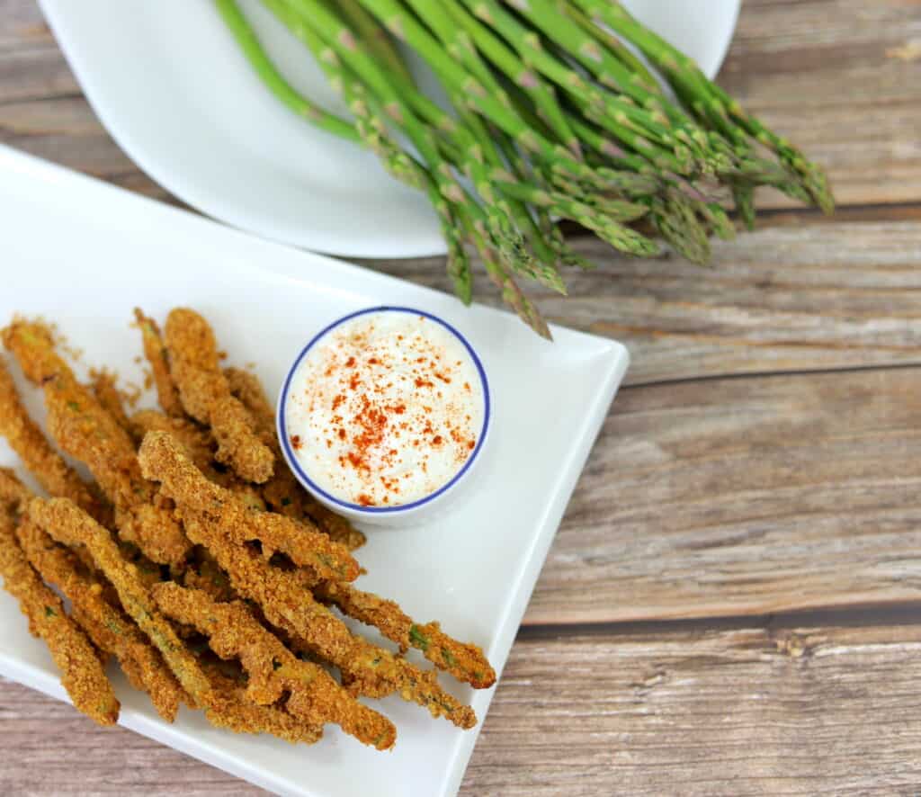 Asparagus Fries shot from above with fresh asparagus