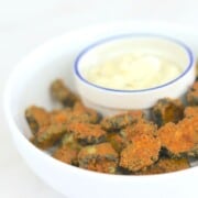 bowl of air fryer dill pickles and dip