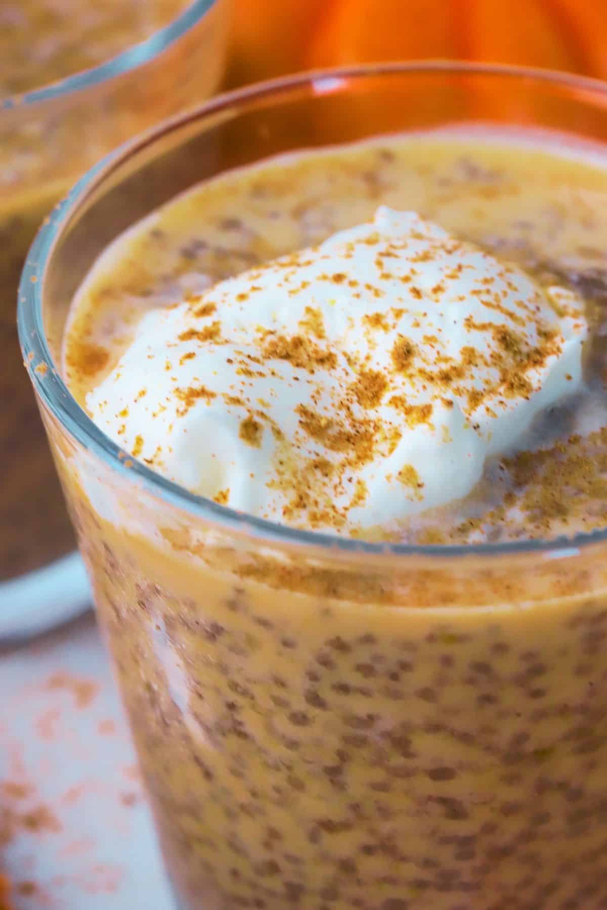 Two glasses filled with pumpkin chia pudding topped with whipped cream and a sprinkle of pumpkin spice with fall foliage in the background.