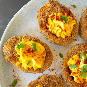 Devilled eggs on a white plate