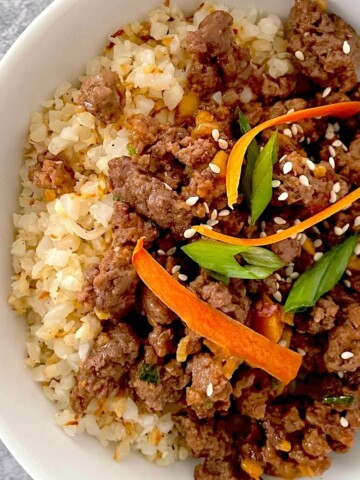 low carb hoisin beef in a white bowl