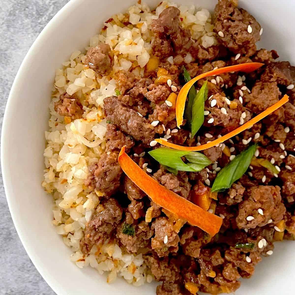 low carb hoisin beef in a white bowl