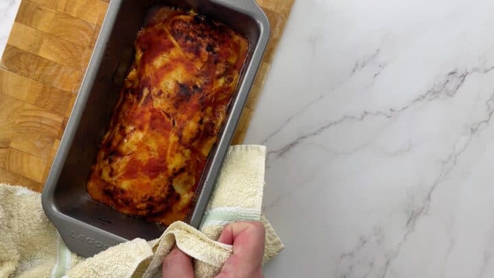 Layered loaf pan just out of the oven