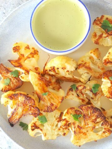 Roasted Cauliflower with a Low Carb Tahini Cilantro Dressing