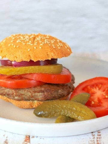 Hamburger on a plate filled with tomatoes onion and pickles with a side of pickles and tomatoes
