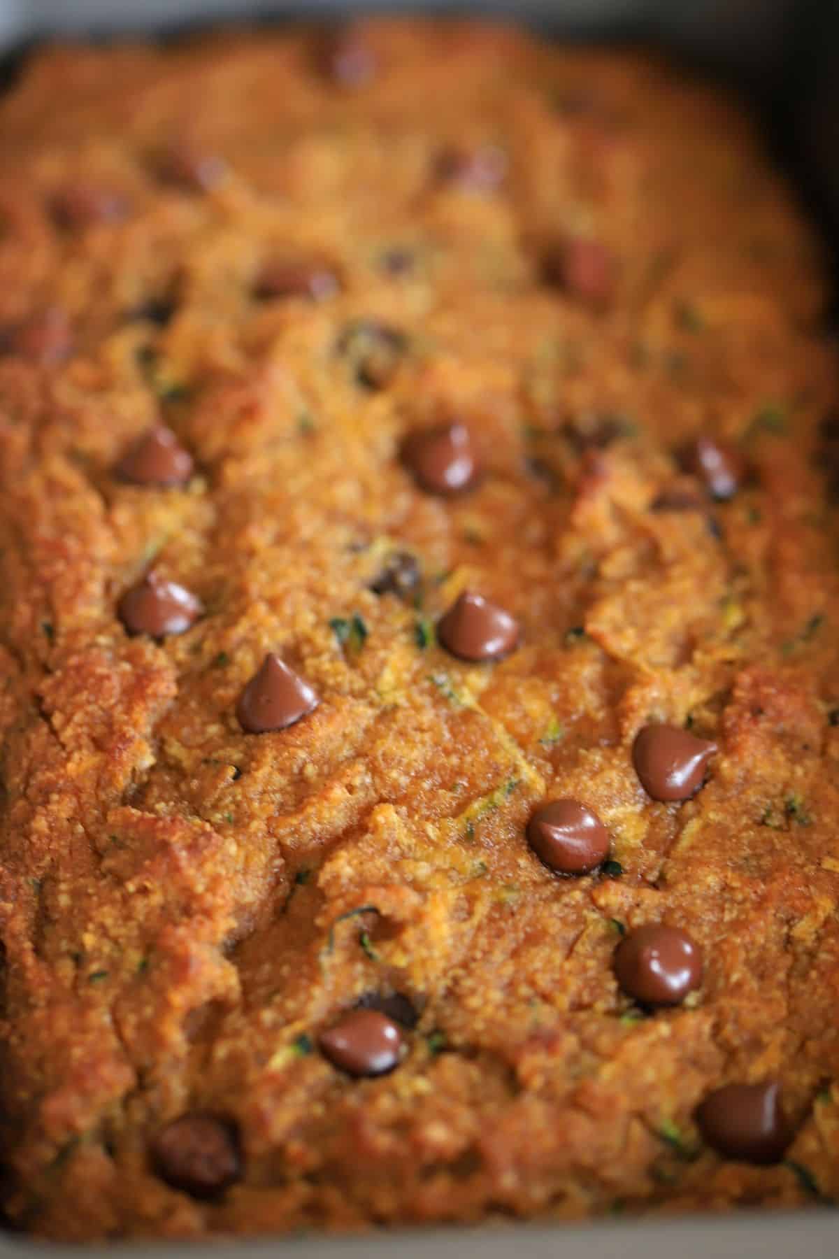 baked pumpkin loaf with chocolate chips on top