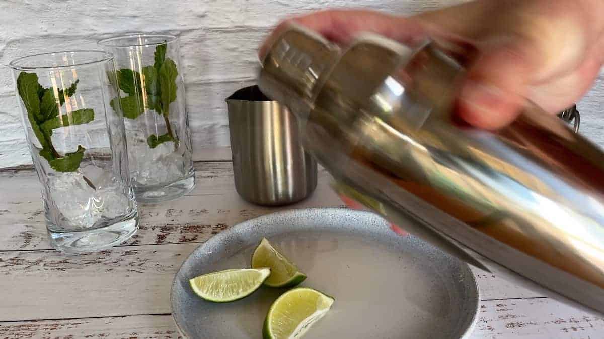 shaking the mojito in a cocktail shaker