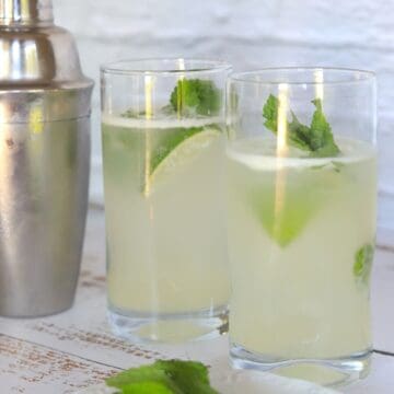 2 glasses filled with mojito lime wedge and sprig of mint