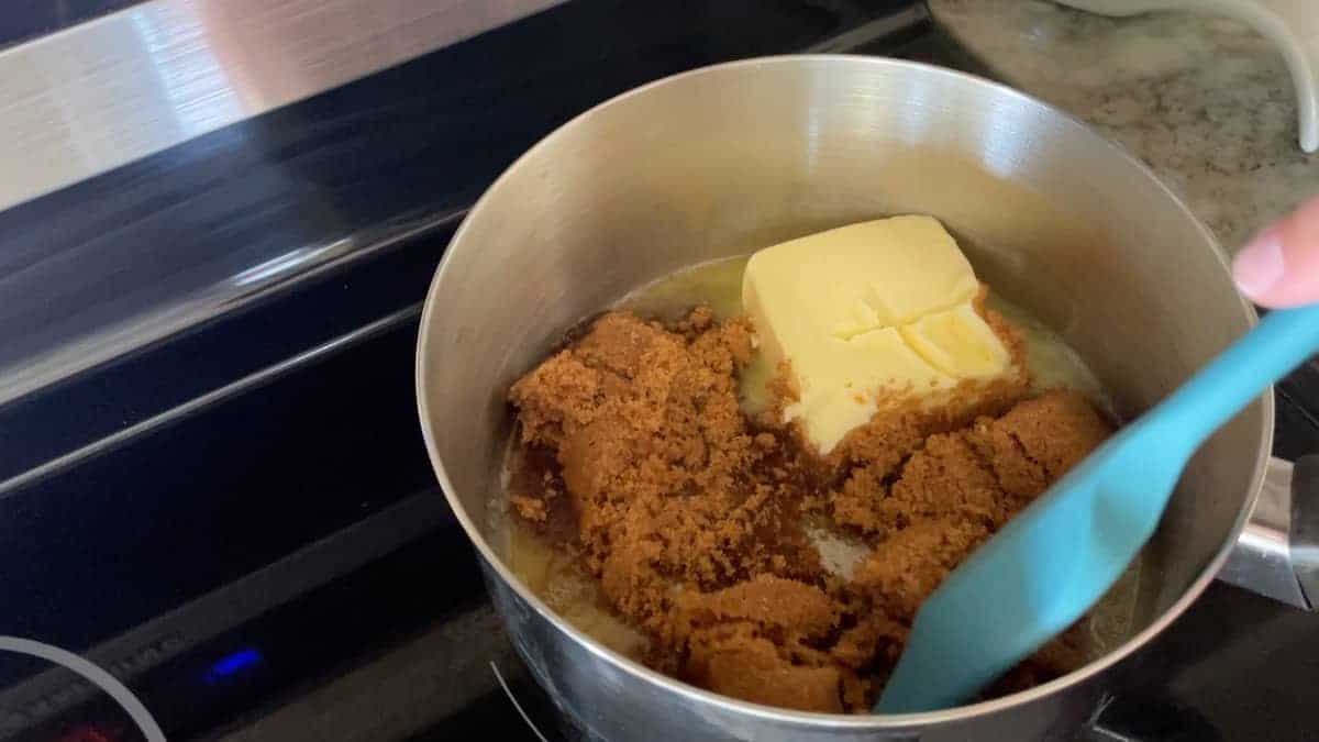 Melting the butter and brown swerve in a saucepan on the stove