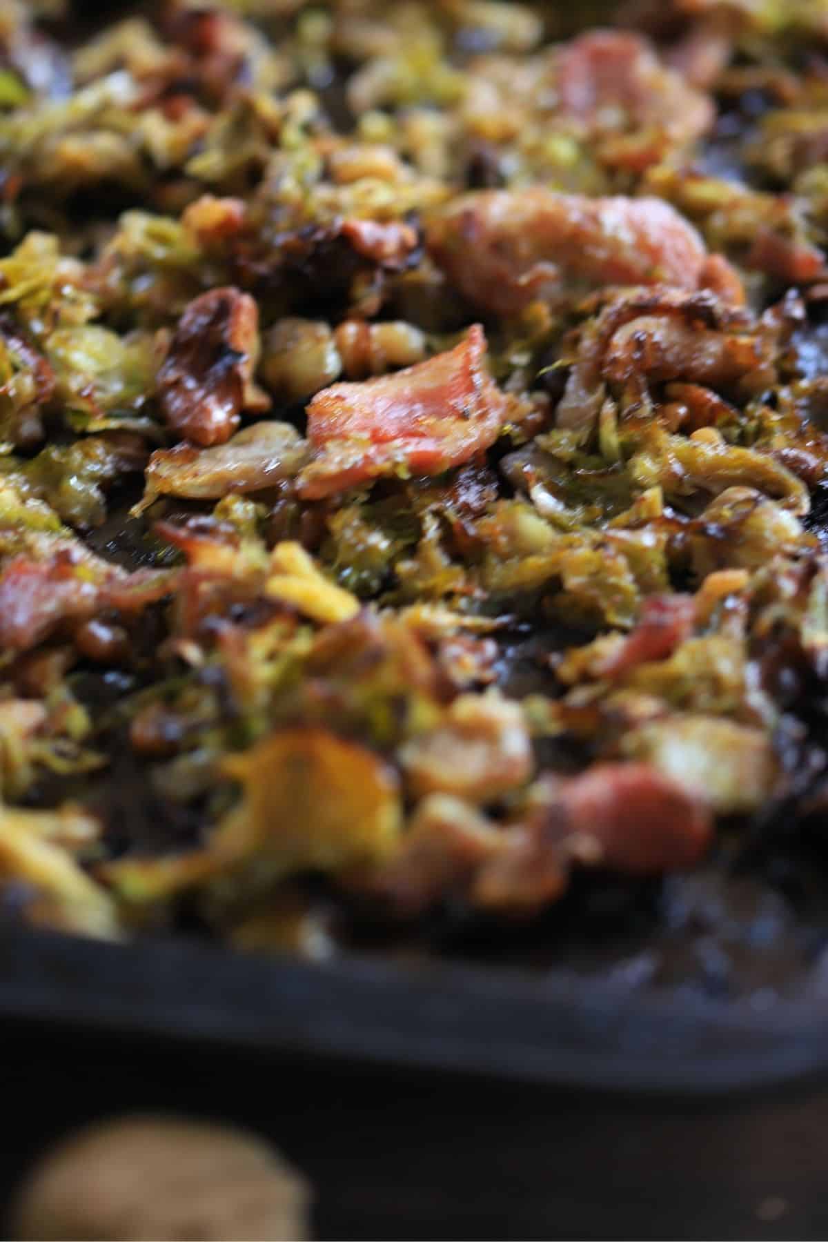 baked brussel sprouts on a sheet pan