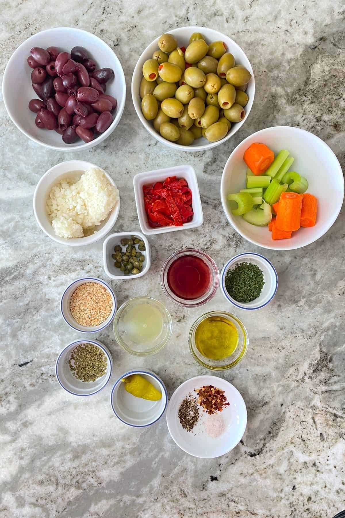 ingredients for the keto olive spread muffaletta