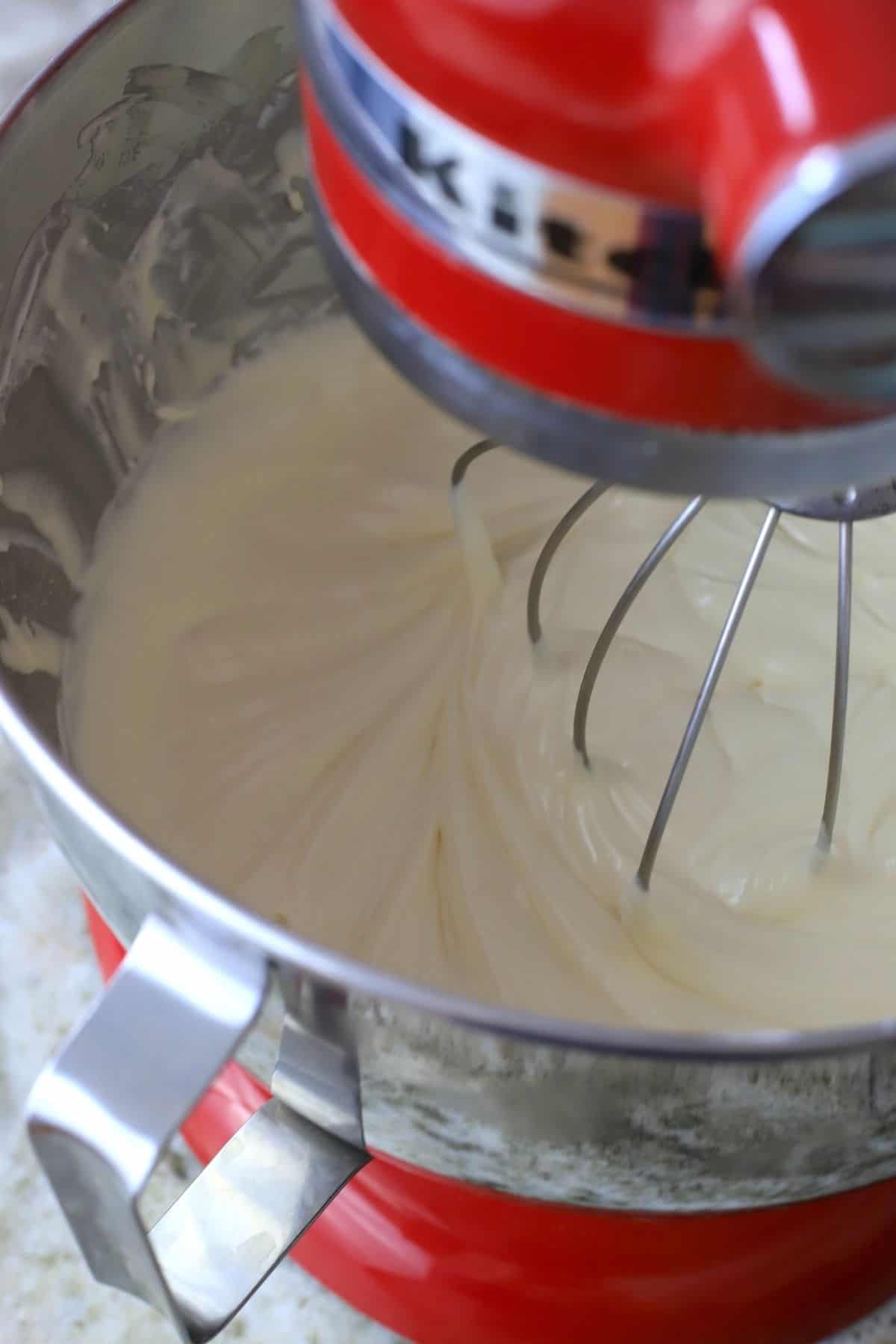 mixing the batter in the stand mixer.