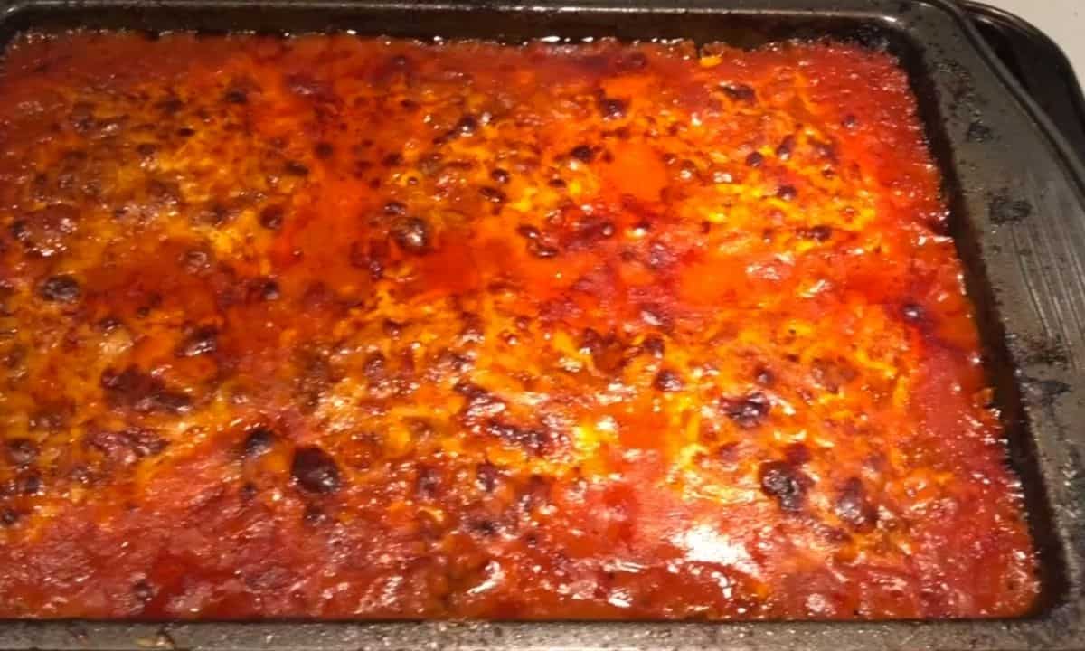 baked lasagna in pan.