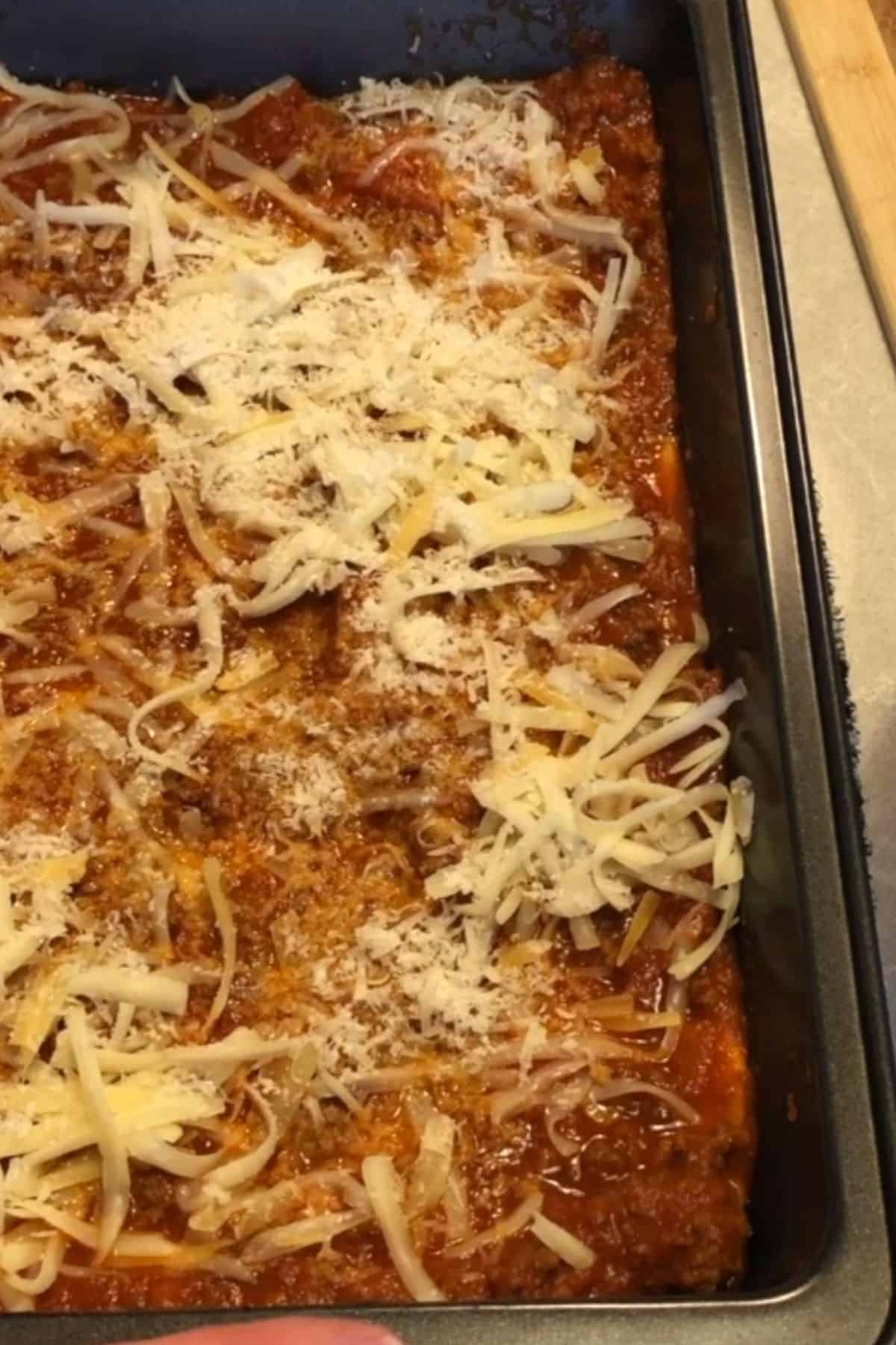lasagna in lasagna pan.