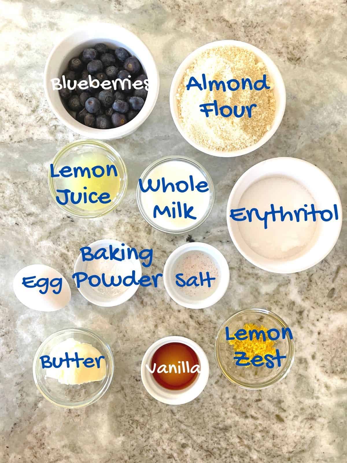 ingredients used for the low carb lemon blueberry muffins.