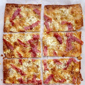 six slices of low carb lavash bread pizza.