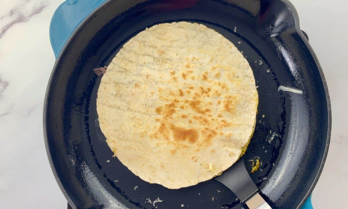 whole quesadilla on a skillet.