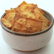 Crunchy low carb lavash crackers in a bowl.