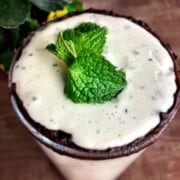 mint chocolate chip protein shake garnished with mint leaves.