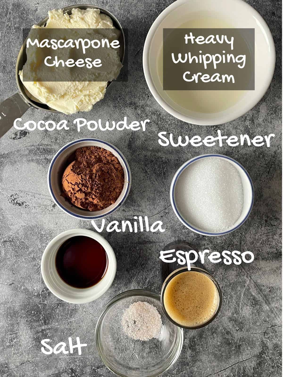 ingredients used for the tiramisu mousse recipe.