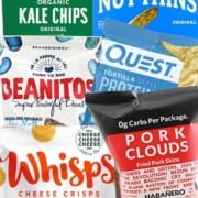variety of low carb chips, kale, nut-thins, beanitos, quest, whisps and pork clouds.