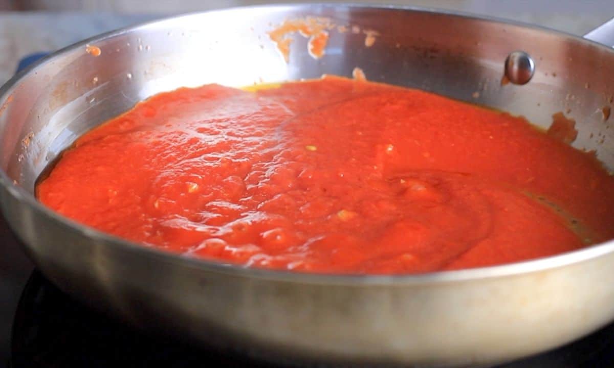 tomato sauce in a skillet pan.