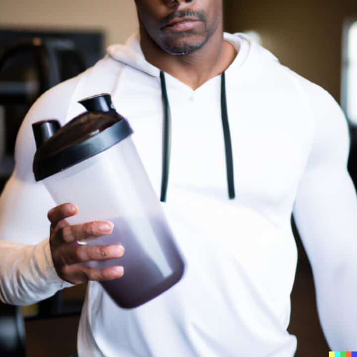 male holding a protein powder shake.