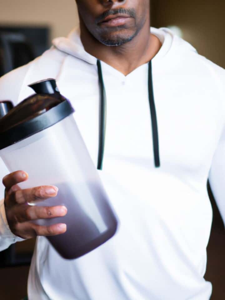 male holding a protein powder shake.