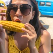 female with sunglasses about to bite into a corn on the cob.