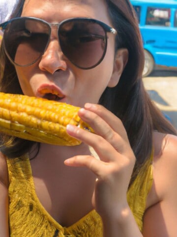 female with sunglasses about to bite into a corn on the cob.