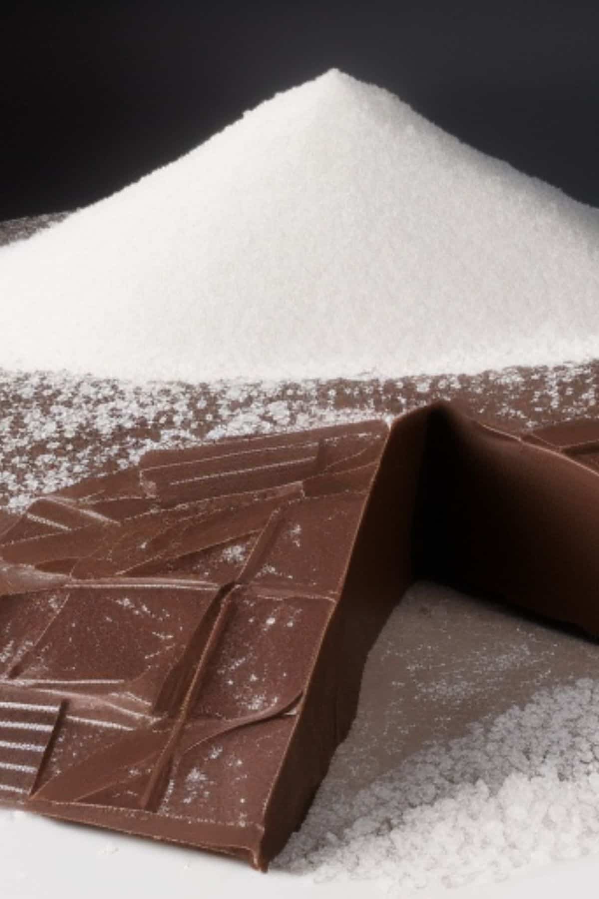 squares of chocolate with a mountain of sugar behind them.