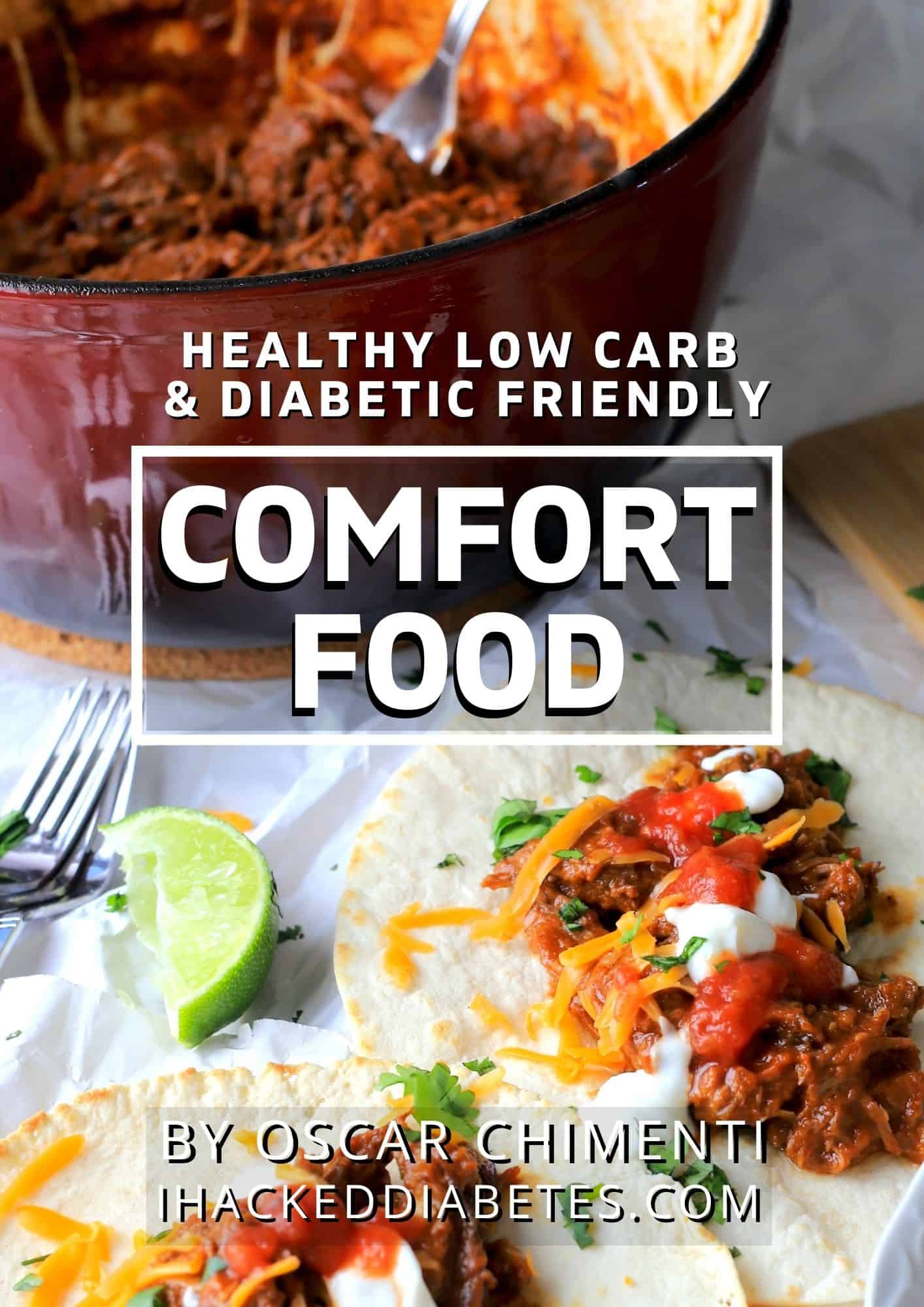 Healthy low carb and diabetic friendly Comfort Food book cover image.