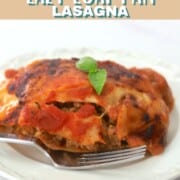 a slice of lasagna on a plate with a fork garnished with two basil leaves.