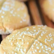 low carb hamburger buns on a cutting board.