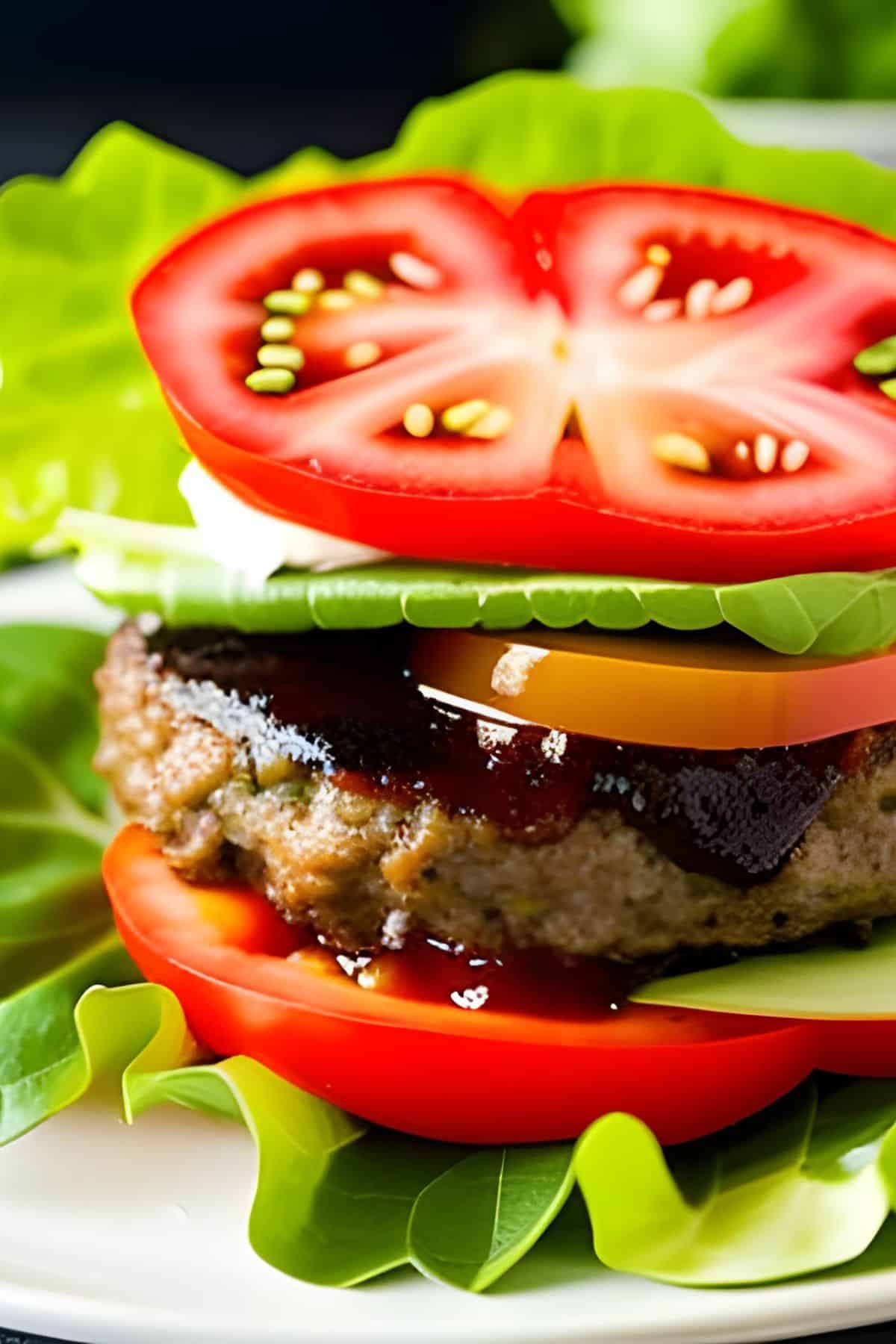 a burger with no bun wrapped in lettuce leaves with a tomatoes on the bottom and the top.