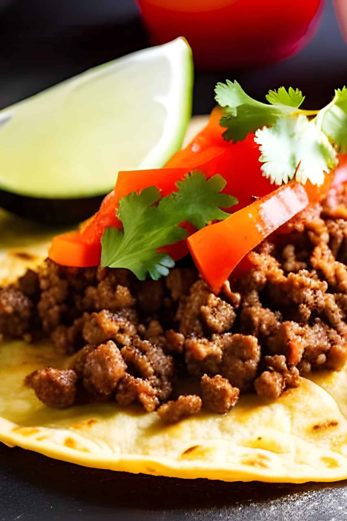 taco meat on a taco shell topped with tomatoes and parsley next to a lime wedge.