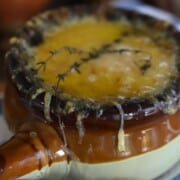 bowl of low carb french onion soup.