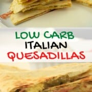 low carb italian quesadillas stacked on top of each other, oozing with pesto and cheese.