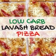 overhead photo of low carb lavash bread pizza topped with salami and cheese.