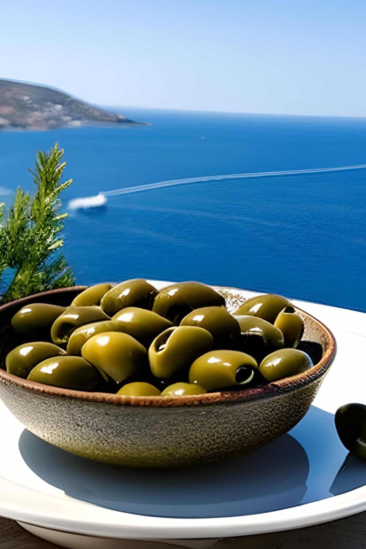 a big bowl of olives with the ocean in the background.
