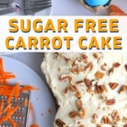 Sugar free carrot cake next to a coffee mug, dessert plates and shredded carrots with colored easter eggs.