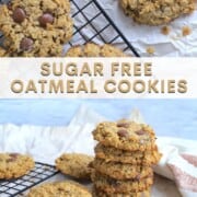 sugar free oatmeal cookies on a cooling rack next to more cookies on crimpled parchment.