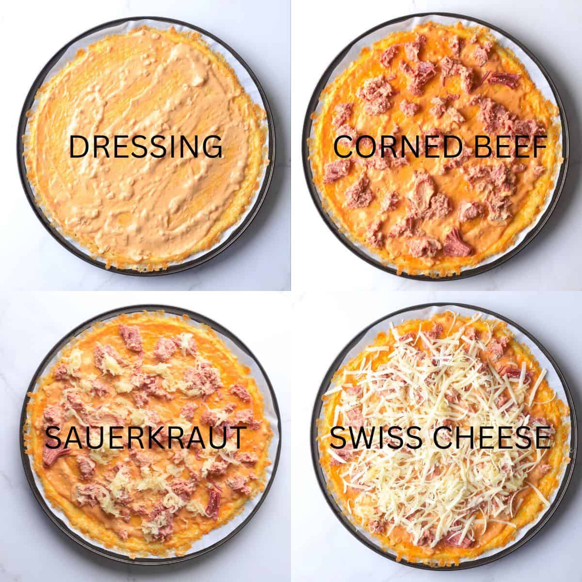 4 images of the pizza crust, first topped with the Russian dressing, then corned beef, then sauerkraut and last shredded swiss cheese.