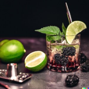 Ginger beer mocktail garnished with lime, blackberries and mint.