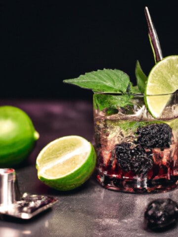 Ginger beer mocktail garnished with lime, blackberries and mint.
