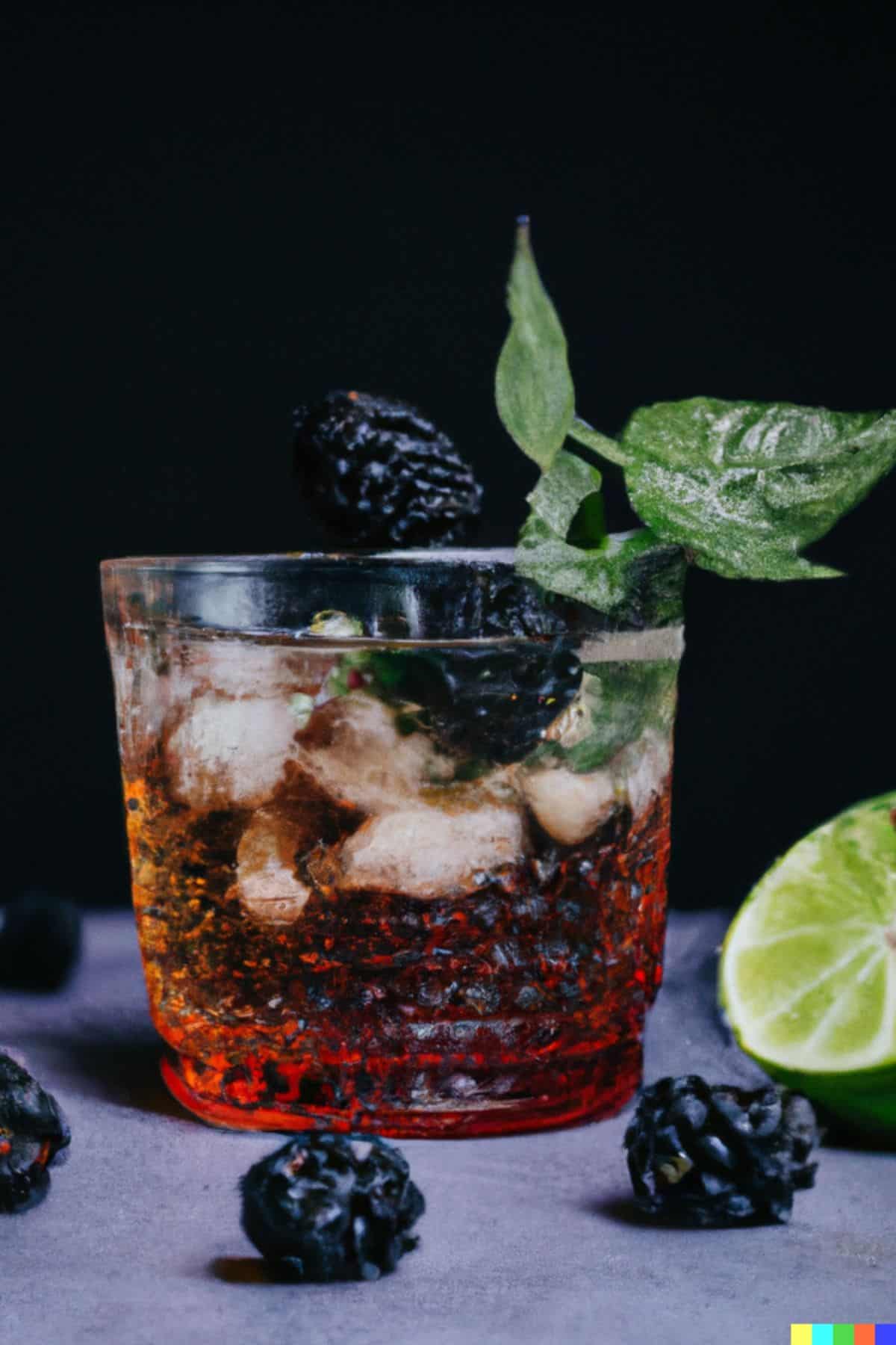 Ginger beer mocktail garnished with lime, blackberries and mint.