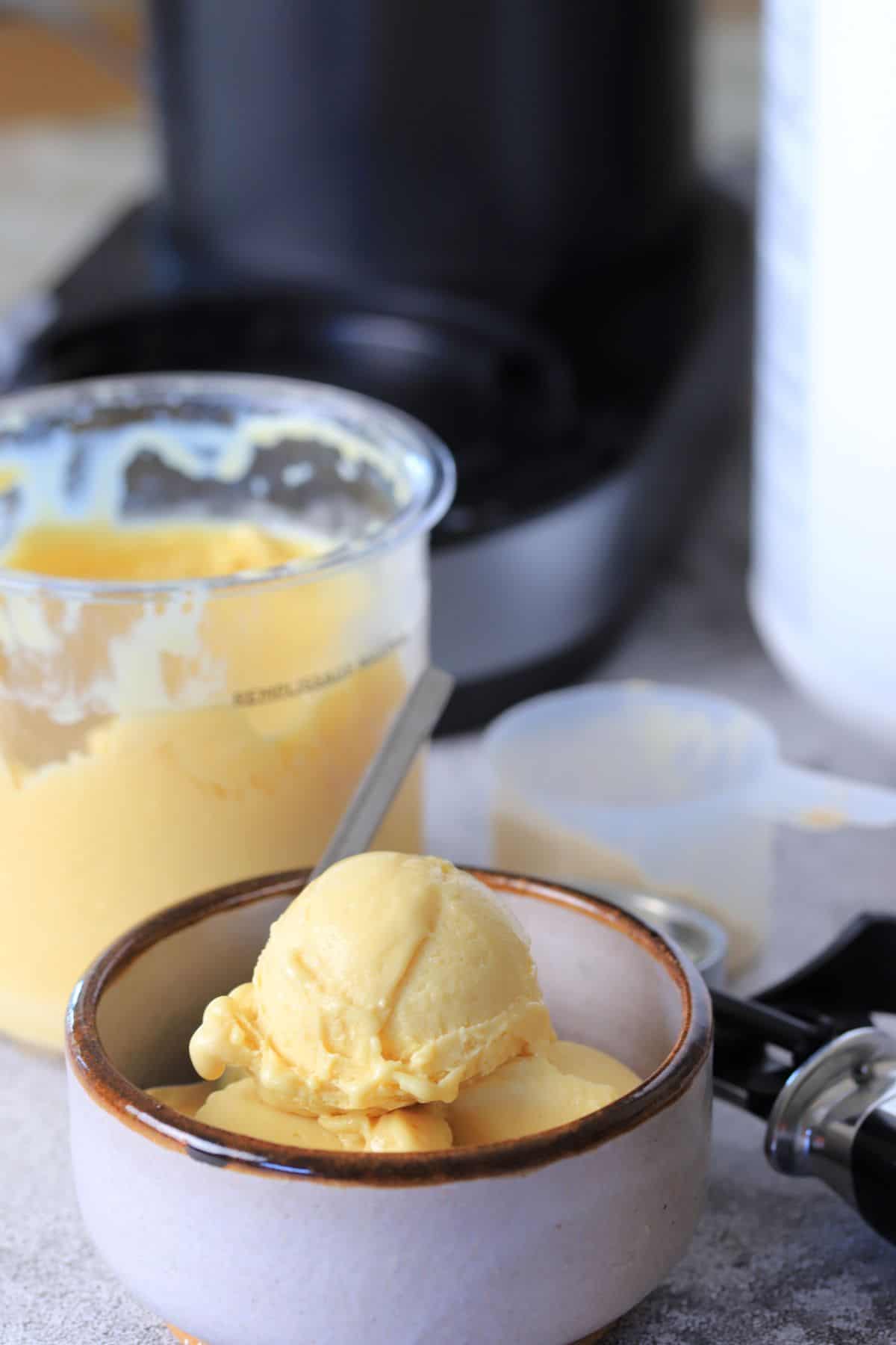bowl with three scoops of the ninja creami protein ice cream next to the pint and an ice cream scoop.