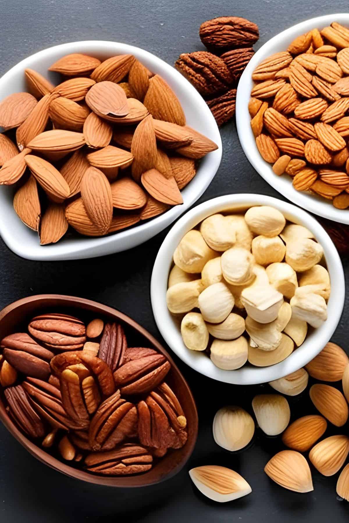 photo of variety of nuts in different bowls.