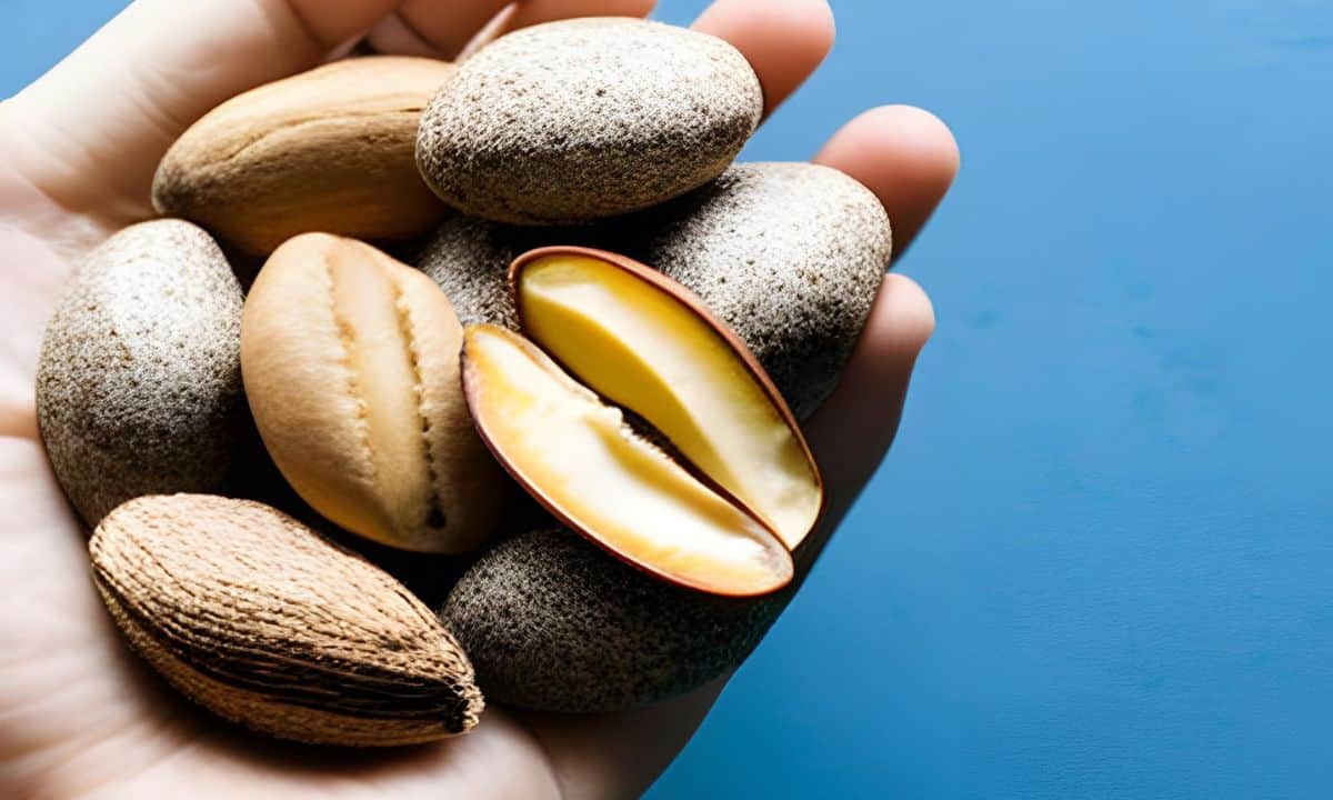 brazil nuts in the palm of a hand.