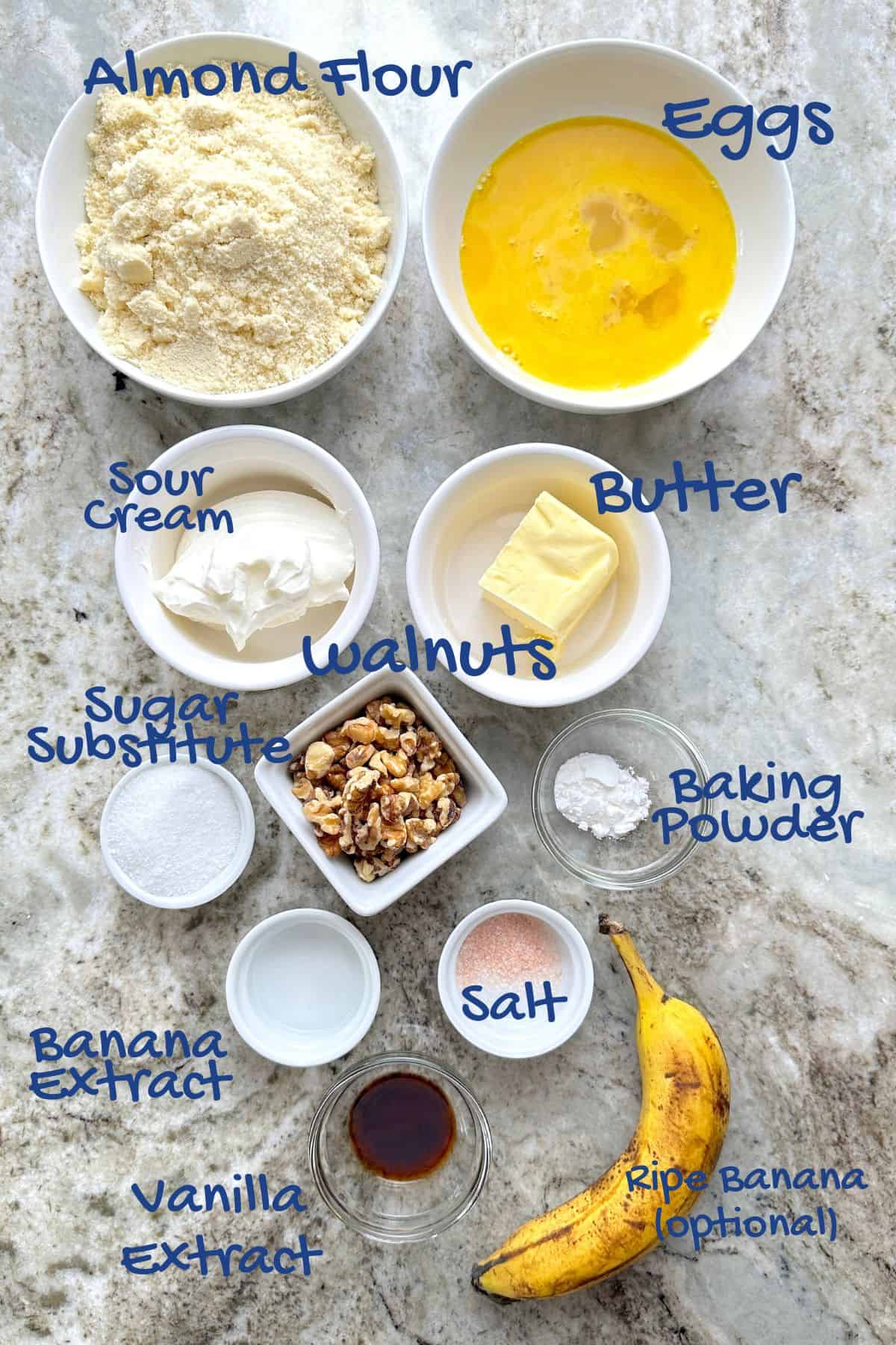 image of the ingredients used for the sugar free banana bread recipe.